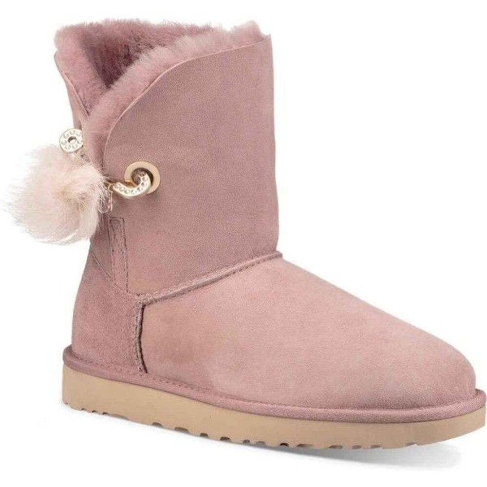 UGG Irina Swarovski Crystal Pin Toscana Pom Pom Dusk Pink Short Boots Sz 9